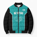 Custom New Zealand Stingray Oztag Bomber Puffer Jacket Tag Rugby Maori Pattern Teal Version