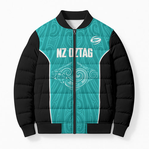 Custom New Zealand Stingray Oztag Bomber Puffer Jacket Tag Rugby Maori Pattern Teal Version