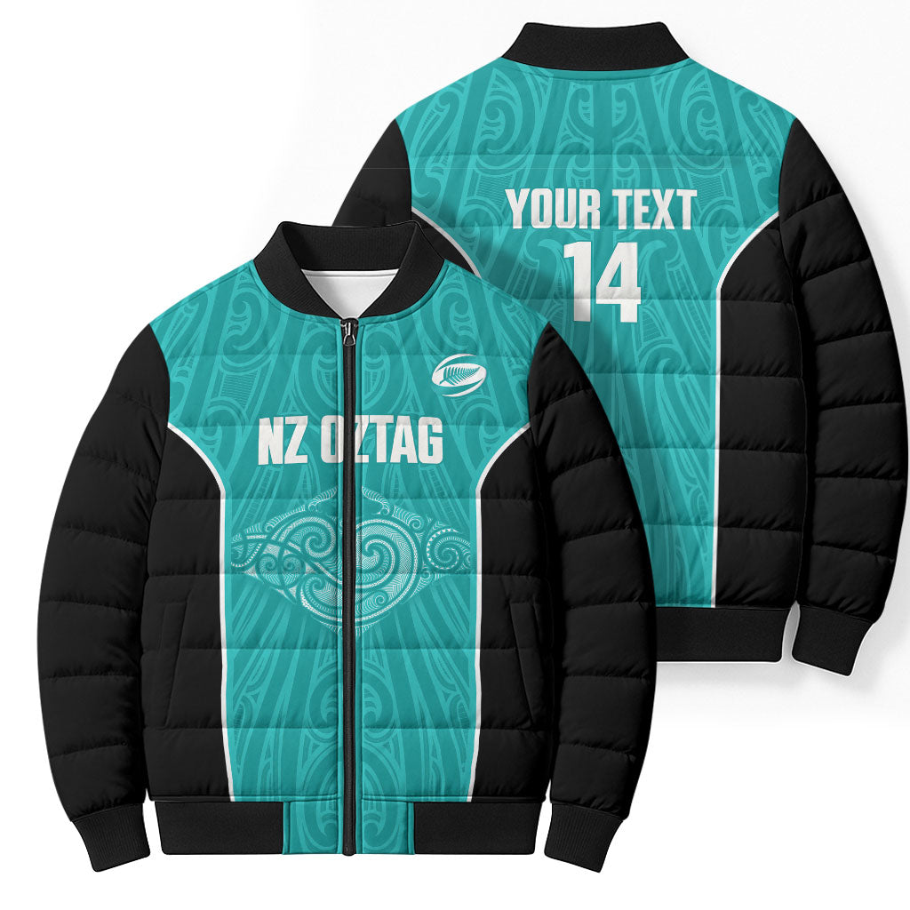 Custom New Zealand Stingray Oztag Bomber Puffer Jacket Tag Rugby Maori Pattern Teal Version