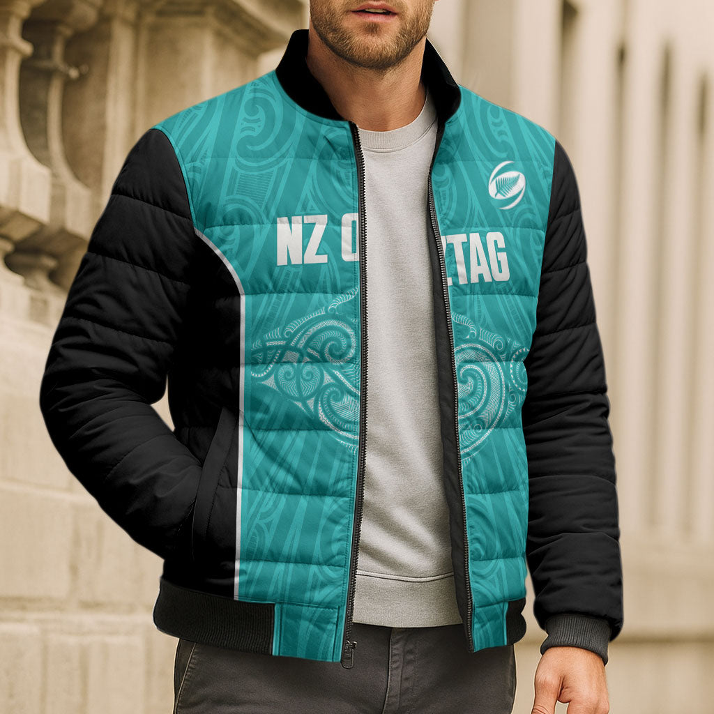 Custom New Zealand Stingray Oztag Bomber Puffer Jacket Tag Rugby Maori Pattern Teal Version