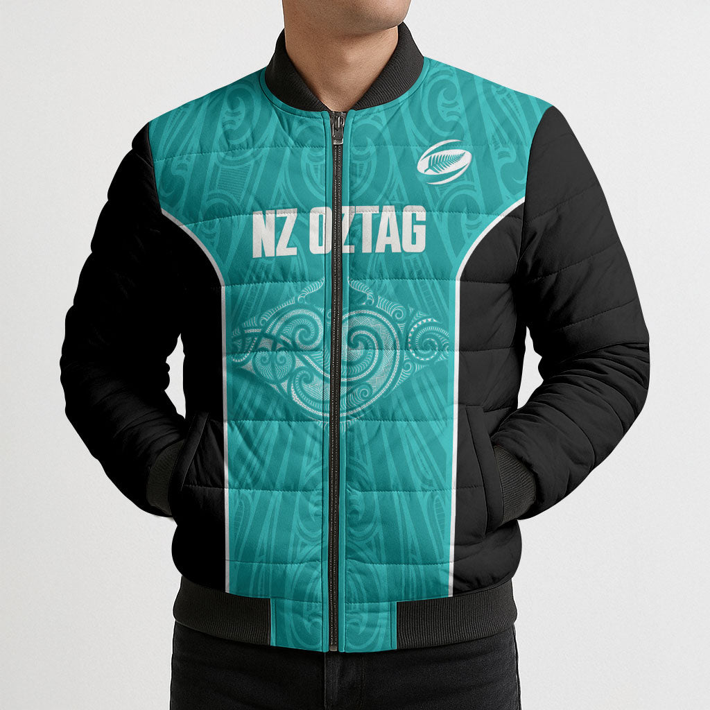 Custom New Zealand Stingray Oztag Bomber Puffer Jacket Tag Rugby Maori Pattern Teal Version