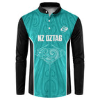 Custom New Zealand Stingray Oztag Button Sweatshirt Tag Rugby Maori Pattern Teal Version