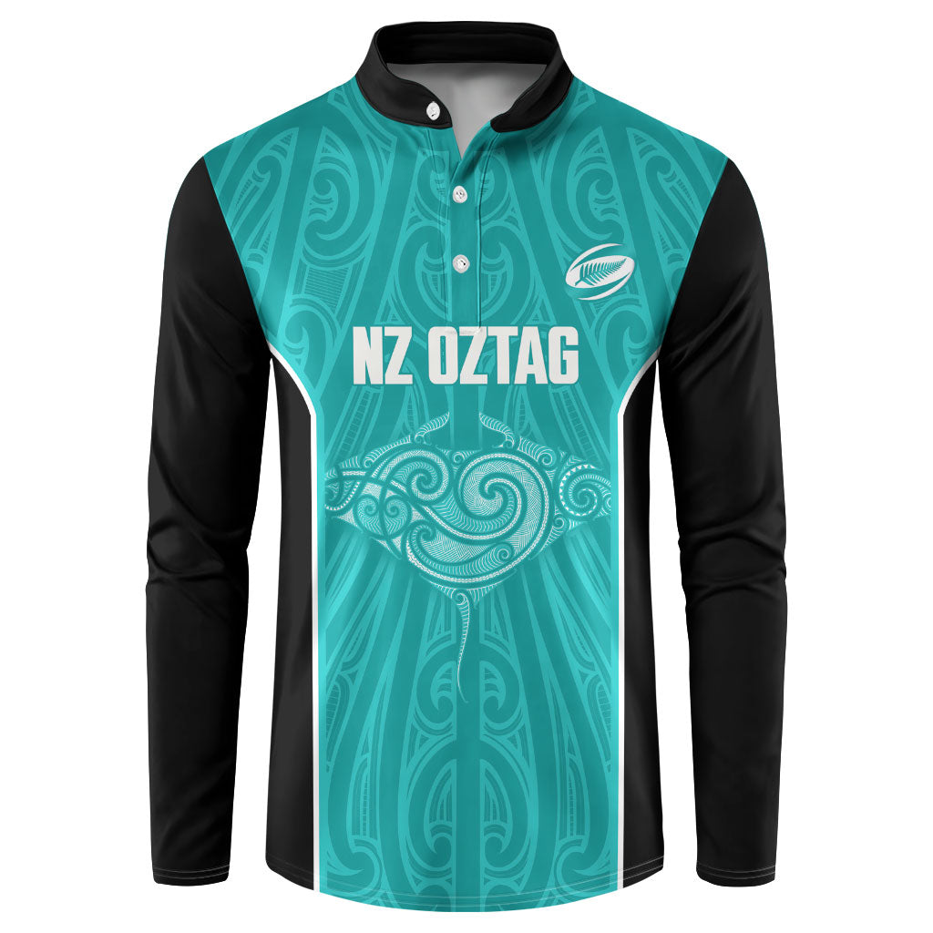 Custom New Zealand Stingray Oztag Button Sweatshirt Tag Rugby Maori Pattern Teal Version