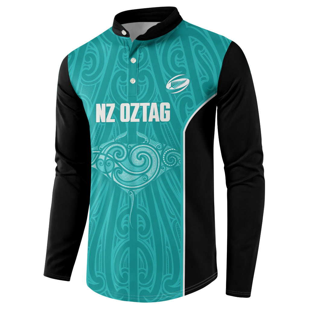 Custom New Zealand Stingray Oztag Button Sweatshirt Tag Rugby Maori Pattern Teal Version