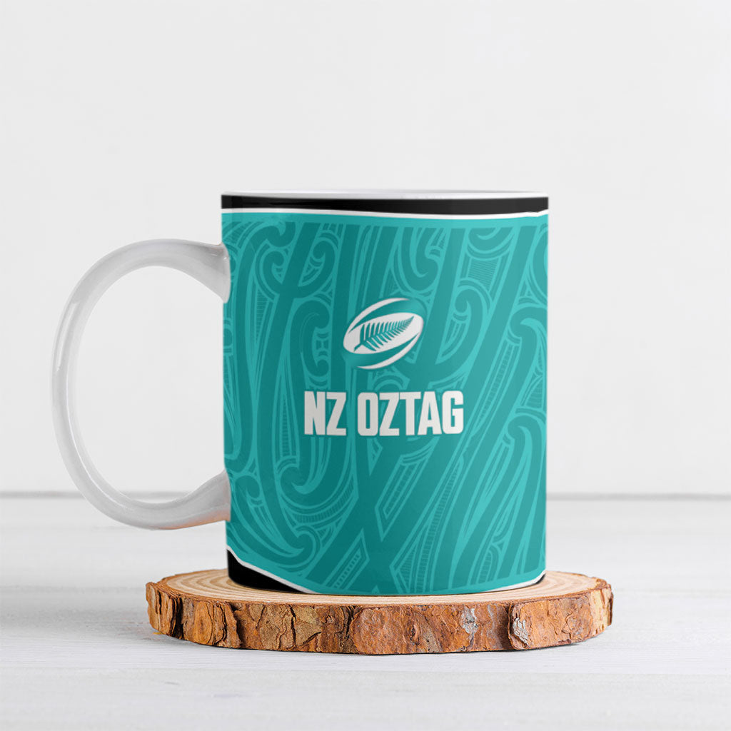 Custom New Zealand Stingray Oztag Ceramic Mug Tag Rugby Maori Pattern Teal Version