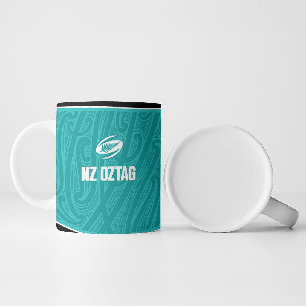 Custom New Zealand Stingray Oztag Ceramic Mug Tag Rugby Maori Pattern Teal Version