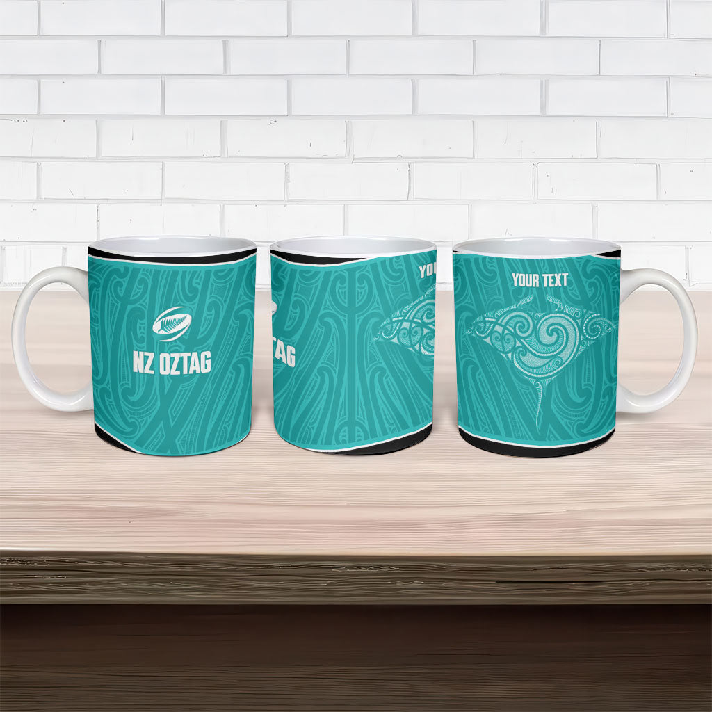 Custom New Zealand Stingray Oztag Ceramic Mug Tag Rugby Maori Pattern Teal Version