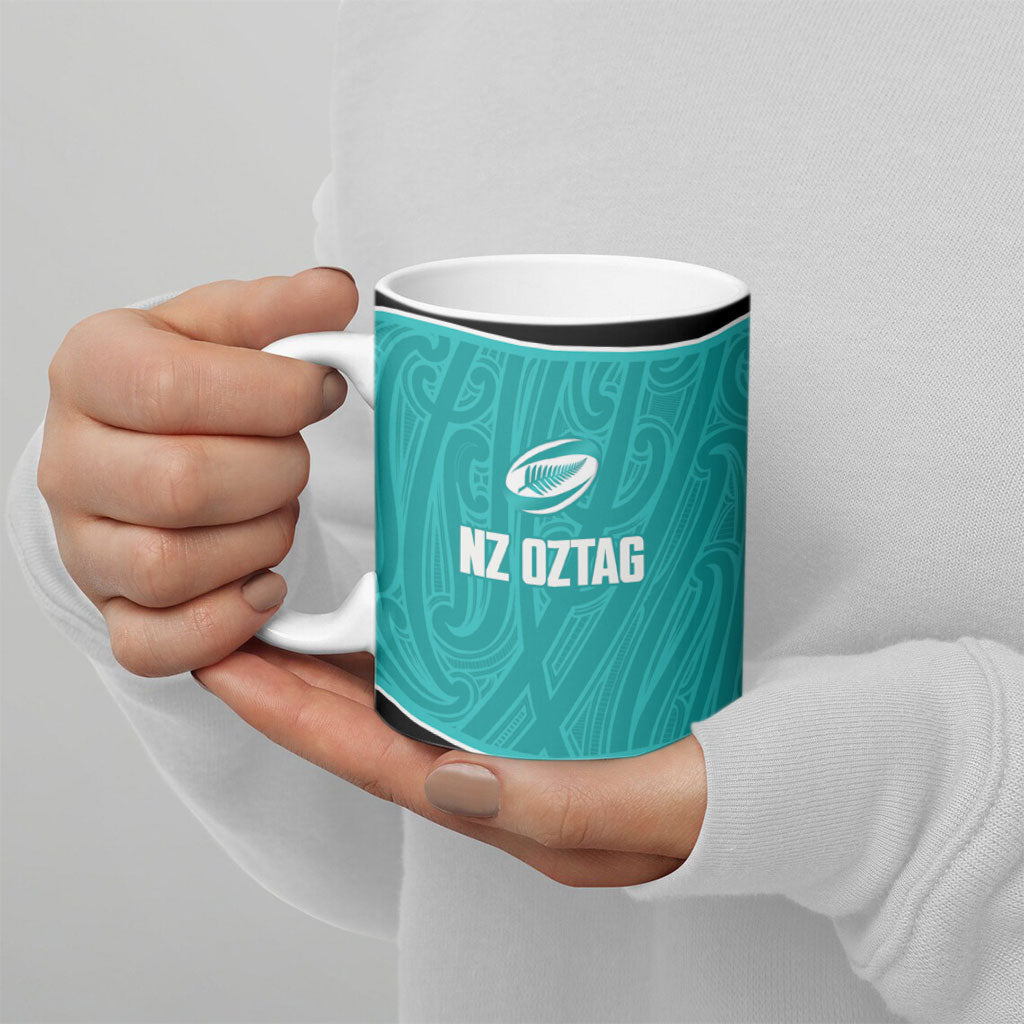 Custom New Zealand Stingray Oztag Ceramic Mug Tag Rugby Maori Pattern Teal Version