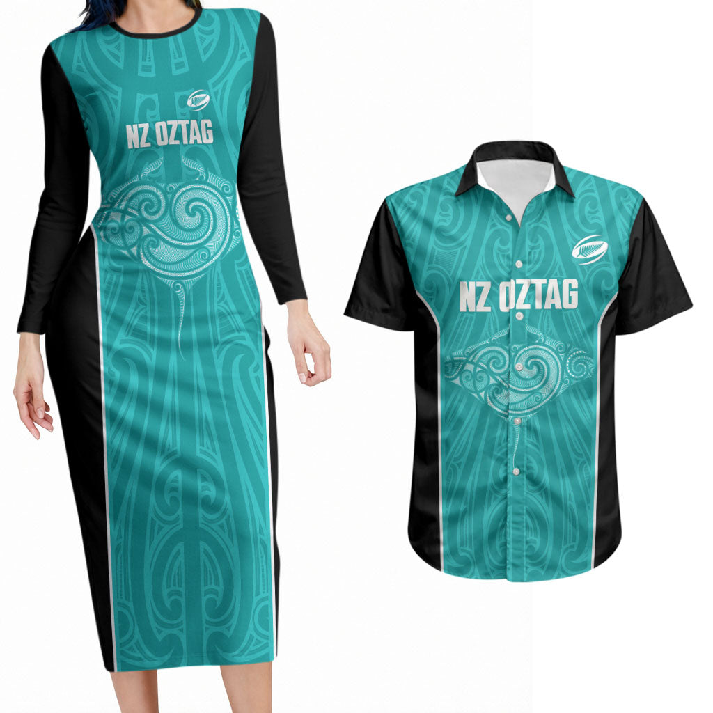 Custom New Zealand Stingray Oztag Couples Matching Long Sleeve Bodycon Dress and Hawaiian Shirt Tag Rugby Maori Pattern Teal Version