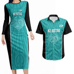 Custom New Zealand Stingray Oztag Couples Matching Long Sleeve Bodycon Dress and Hawaiian Shirt Tag Rugby Maori Pattern Teal Version