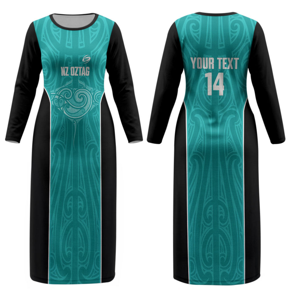 Custom New Zealand Stingray Oztag Couples Matching Long Sleeve Bodycon Dress and Hawaiian Shirt Tag Rugby Maori Pattern Teal Version