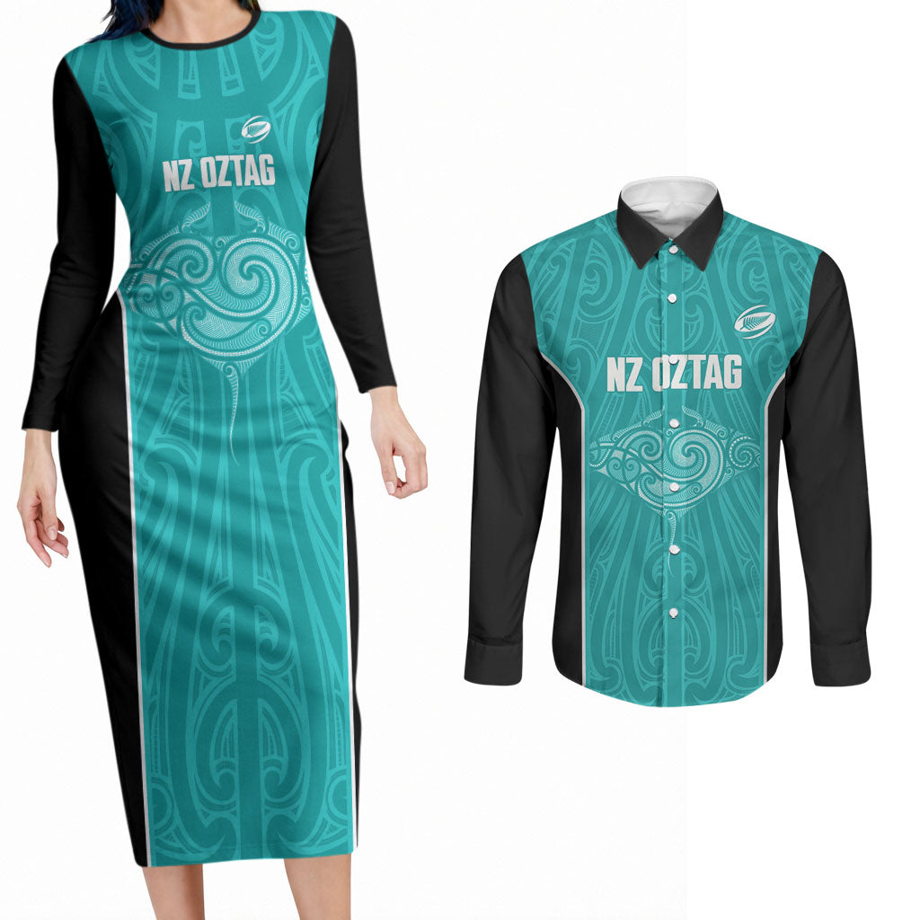 Custom New Zealand Stingray Oztag Couples Matching Long Sleeve Bodycon Dress and Long Sleeve Button Shirt Tag Rugby Maori Pattern Teal Version