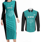 Custom New Zealand Stingray Oztag Couples Matching Long Sleeve Bodycon Dress and Long Sleeve Button Shirt Tag Rugby Maori Pattern Teal Version