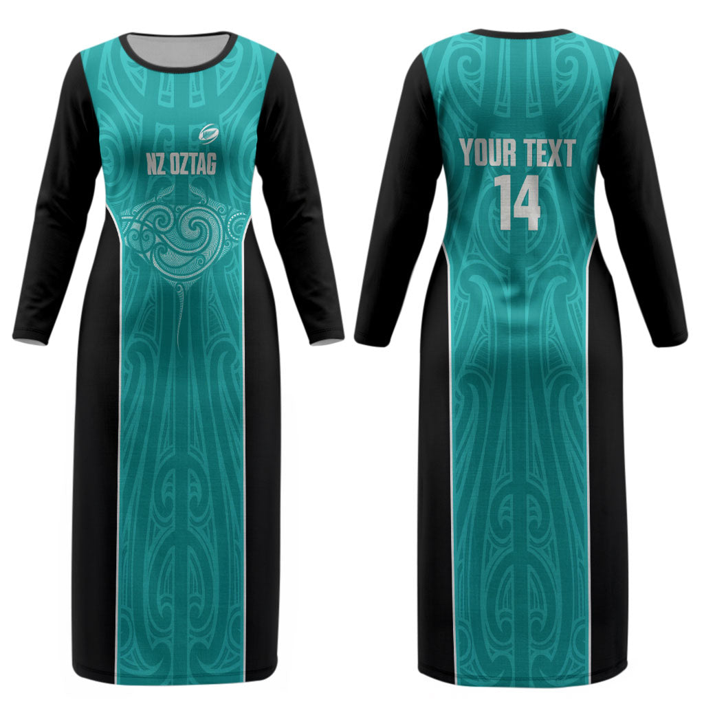 Custom New Zealand Stingray Oztag Couples Matching Long Sleeve Bodycon Dress and Long Sleeve Button Shirt Tag Rugby Maori Pattern Teal Version