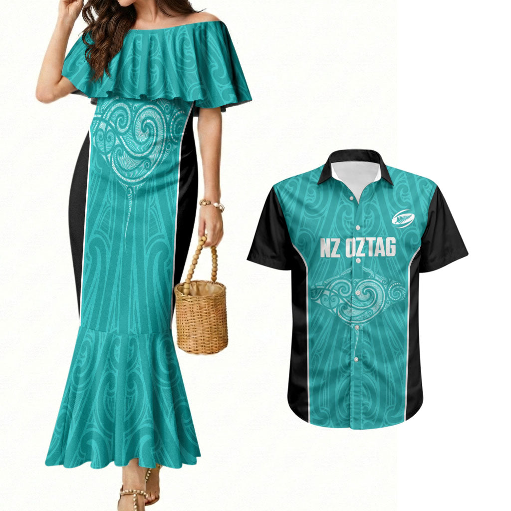 Custom New Zealand Stingray Oztag Couples Matching Mermaid Dress and Hawaiian Shirt Tag Rugby Maori Pattern Teal Version
