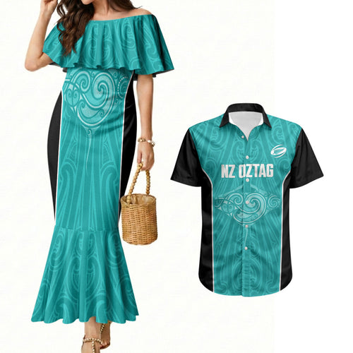 Custom New Zealand Stingray Oztag Couples Matching Mermaid Dress and Hawaiian Shirt Tag Rugby Maori Pattern Teal Version