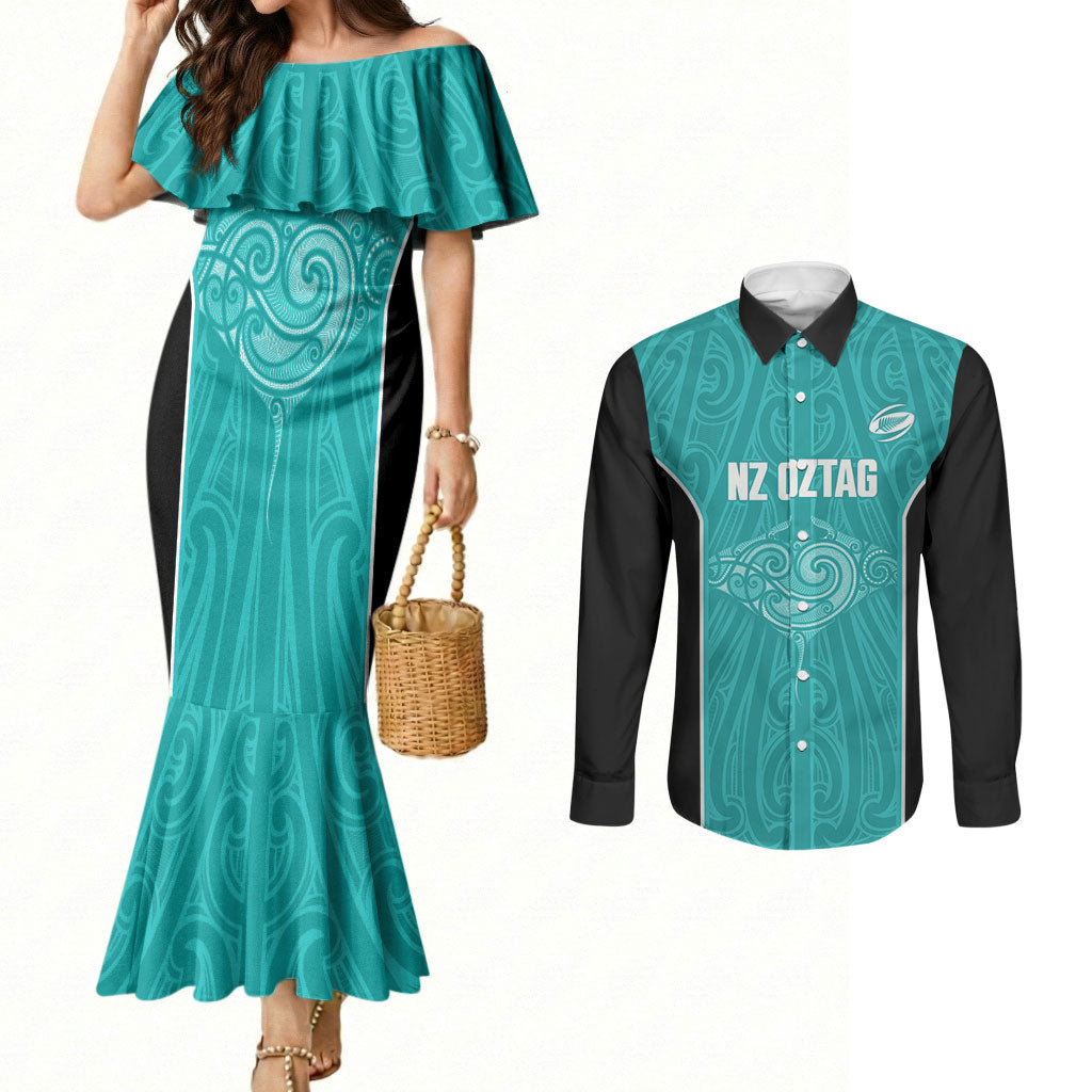 Custom New Zealand Stingray Oztag Couples Matching Mermaid Dress and Long Sleeve Button Shirt Tag Rugby Maori Pattern Teal Version