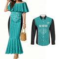 Custom New Zealand Stingray Oztag Couples Matching Mermaid Dress and Long Sleeve Button Shirt Tag Rugby Maori Pattern Teal Version