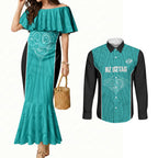 Custom New Zealand Stingray Oztag Couples Matching Mermaid Dress and Long Sleeve Button Shirt Tag Rugby Maori Pattern Teal Version