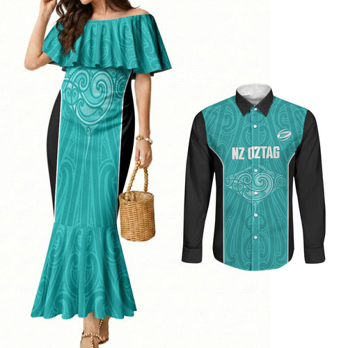 Custom New Zealand Stingray Oztag Couples Matching Mermaid Dress and Long Sleeve Button Shirt Tag Rugby Maori Pattern Teal Version