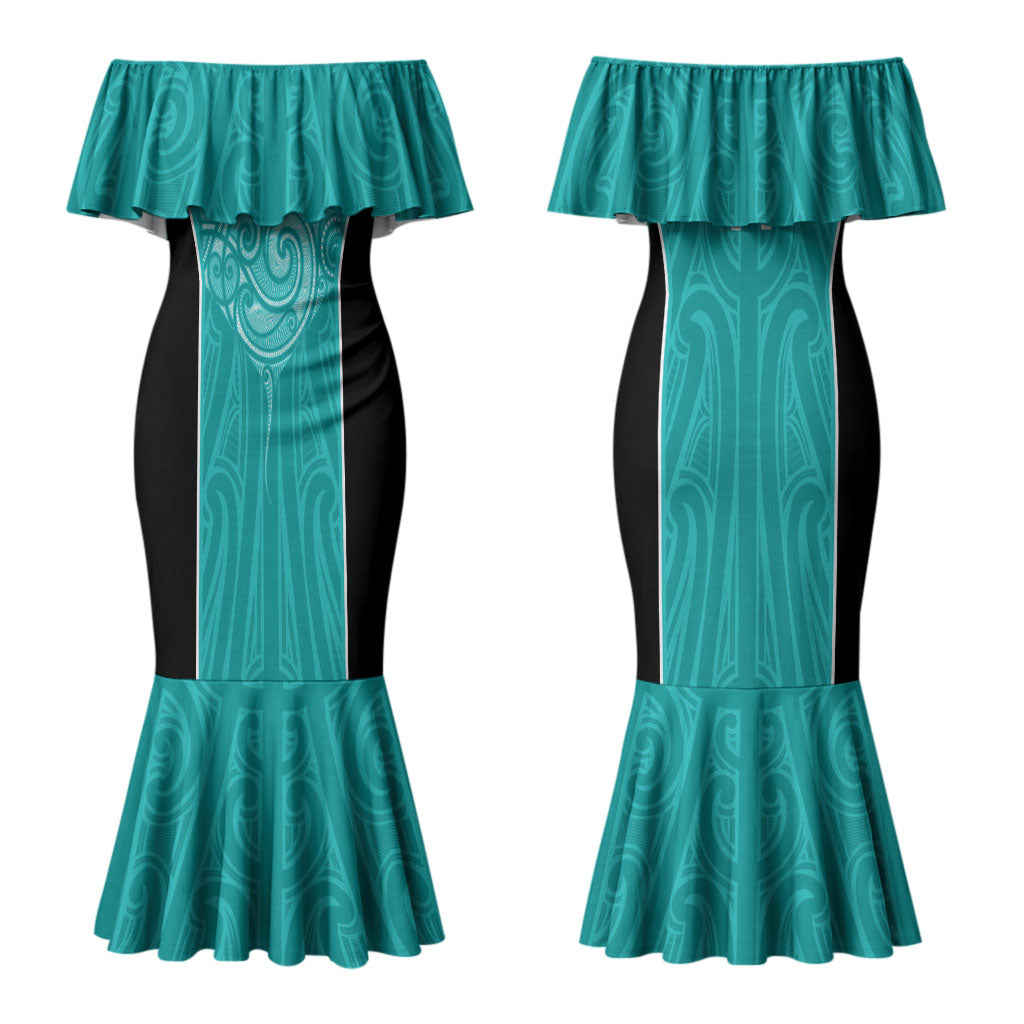Custom New Zealand Stingray Oztag Couples Matching Mermaid Dress and Long Sleeve Button Shirt Tag Rugby Maori Pattern Teal Version