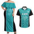 Custom New Zealand Stingray Oztag Couples Matching Off Shoulder Maxi Dress and Hawaiian Shirt Tag Rugby Maori Pattern Teal Version