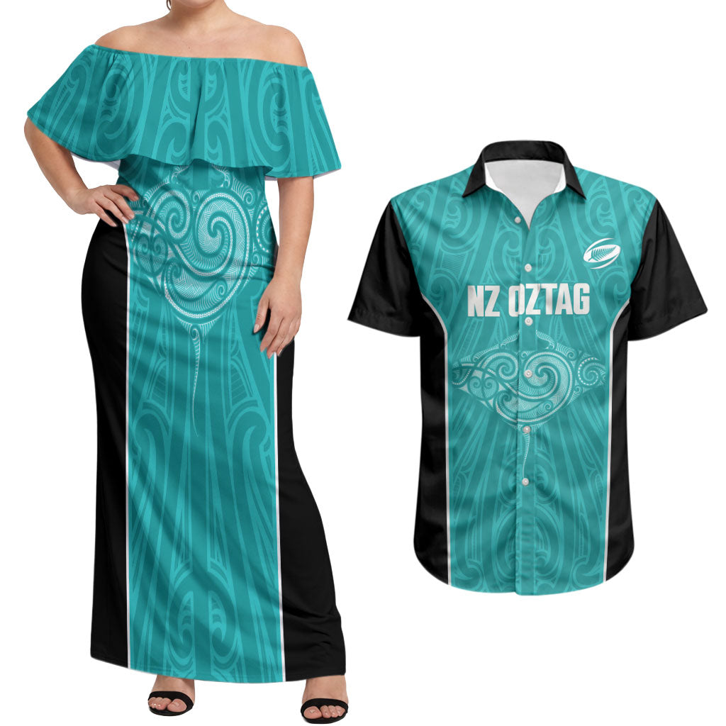 Custom New Zealand Stingray Oztag Couples Matching Off Shoulder Maxi Dress and Hawaiian Shirt Tag Rugby Maori Pattern Teal Version