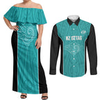 Custom New Zealand Stingray Oztag Couples Matching Off Shoulder Maxi Dress and Long Sleeve Button Shirt Tag Rugby Maori Pattern Teal Version
