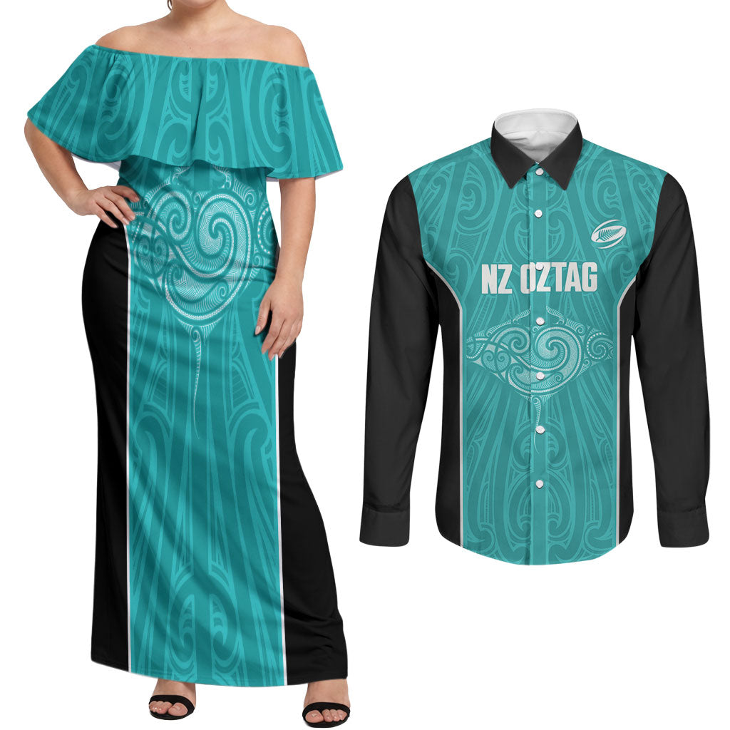 Custom New Zealand Stingray Oztag Couples Matching Off Shoulder Maxi Dress and Long Sleeve Button Shirt Tag Rugby Maori Pattern Teal Version