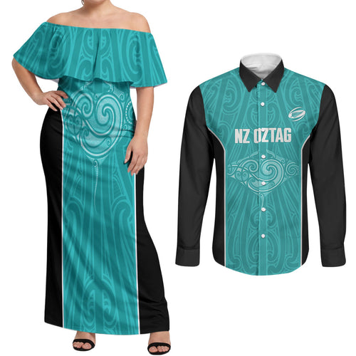 Custom New Zealand Stingray Oztag Couples Matching Off Shoulder Maxi Dress and Long Sleeve Button Shirt Tag Rugby Maori Pattern Teal Version