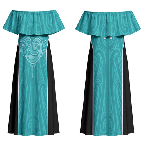 Custom New Zealand Stingray Oztag Couples Matching Off Shoulder Maxi Dress and Long Sleeve Button Shirt Tag Rugby Maori Pattern Teal Version