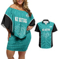 Custom New Zealand Stingray Oztag Couples Matching Off Shoulder Short Dress and Hawaiian Shirt Tag Rugby Maori Pattern Teal Version