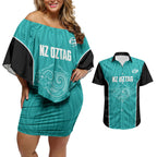 Custom New Zealand Stingray Oztag Couples Matching Off Shoulder Short Dress and Hawaiian Shirt Tag Rugby Maori Pattern Teal Version