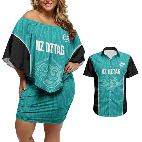 Custom New Zealand Stingray Oztag Couples Matching Off Shoulder Short Dress and Hawaiian Shirt Tag Rugby Maori Pattern Teal Version