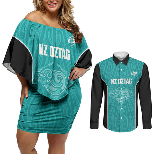 Custom New Zealand Stingray Oztag Couples Matching Off Shoulder Short Dress and Long Sleeve Button Shirt Tag Rugby Maori Pattern Teal Version