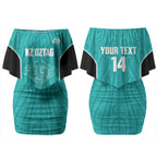Custom New Zealand Stingray Oztag Couples Matching Off Shoulder Short Dress and Long Sleeve Button Shirt Tag Rugby Maori Pattern Teal Version