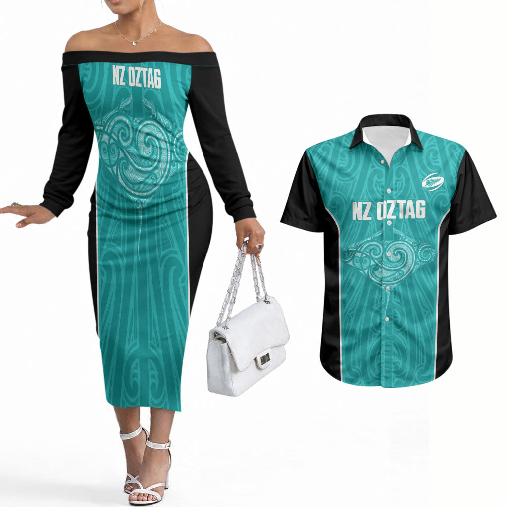Custom New Zealand Stingray Oztag Couples Matching Off The Shoulder Long Sleeve Dress and Hawaiian Shirt Tag Rugby Maori Pattern Teal Version