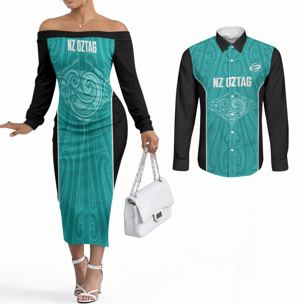 Custom New Zealand Stingray Oztag Couples Matching Off The Shoulder Long Sleeve Dress and Long Sleeve Button Shirt Tag Rugby Maori Pattern Teal Version