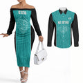 Custom New Zealand Stingray Oztag Couples Matching Off The Shoulder Long Sleeve Dress and Long Sleeve Button Shirt Tag Rugby Maori Pattern Teal Version