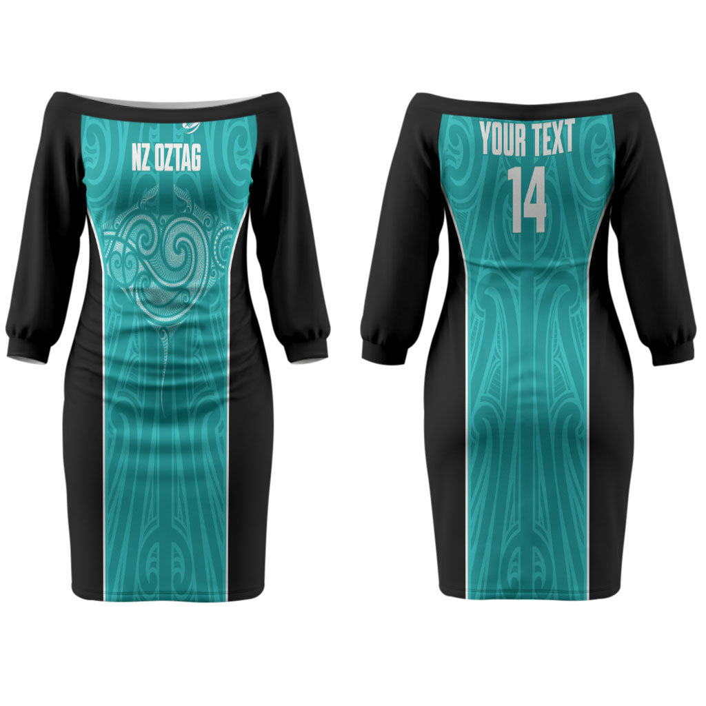 Custom New Zealand Stingray Oztag Couples Matching Off The Shoulder Long Sleeve Dress and Long Sleeve Button Shirt Tag Rugby Maori Pattern Teal Version