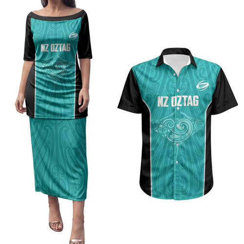 Custom New Zealand Stingray Oztag Couples Matching Puletasi and Hawaiian Shirt Tag Rugby Maori Pattern Teal Version