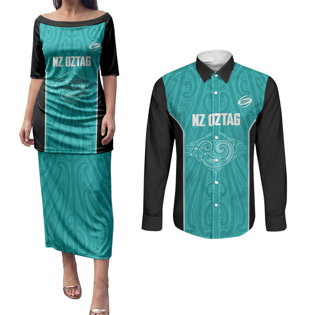 Custom New Zealand Stingray Oztag Couples Matching Puletasi and Long Sleeve Button Shirt Tag Rugby Maori Pattern Teal Version