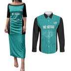 Custom New Zealand Stingray Oztag Couples Matching Puletasi and Long Sleeve Button Shirt Tag Rugby Maori Pattern Teal Version