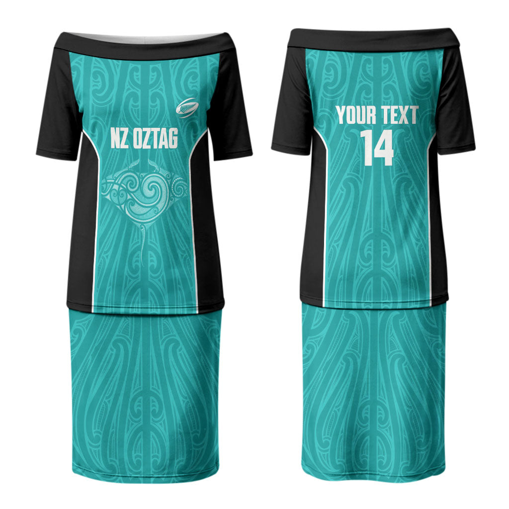 Custom New Zealand Stingray Oztag Couples Matching Puletasi and Long Sleeve Button Shirt Tag Rugby Maori Pattern Teal Version