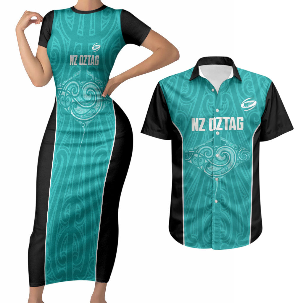 Custom New Zealand Stingray Oztag Couples Matching Short Sleeve Bodycon Dress and Hawaiian Shirt Tag Rugby Maori Pattern Teal Version
