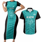 Custom New Zealand Stingray Oztag Couples Matching Short Sleeve Bodycon Dress and Hawaiian Shirt Tag Rugby Maori Pattern Teal Version