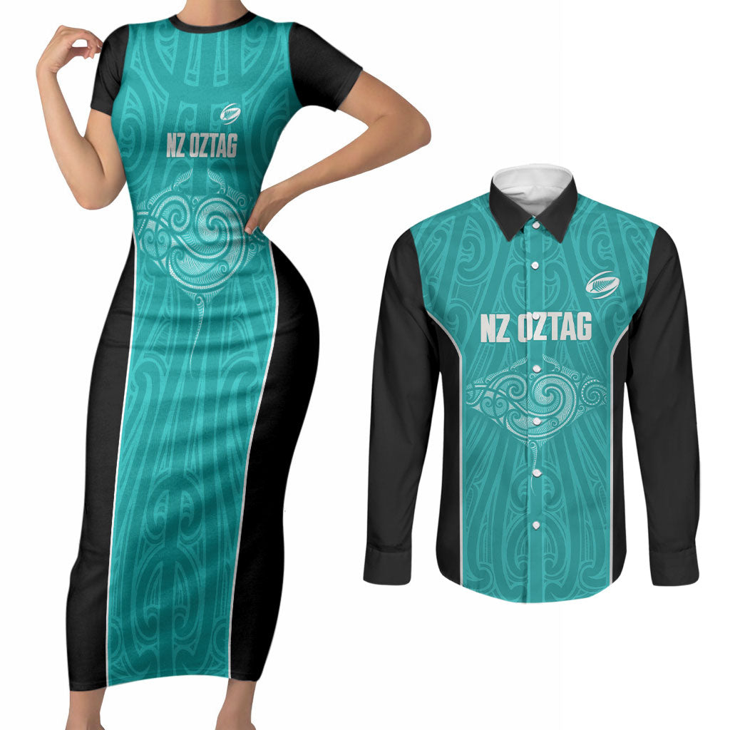 Custom New Zealand Stingray Oztag Couples Matching Short Sleeve Bodycon Dress and Long Sleeve Button Shirt Tag Rugby Maori Pattern Teal Version