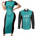 Custom New Zealand Stingray Oztag Couples Matching Short Sleeve Bodycon Dress and Long Sleeve Button Shirt Tag Rugby Maori Pattern Teal Version