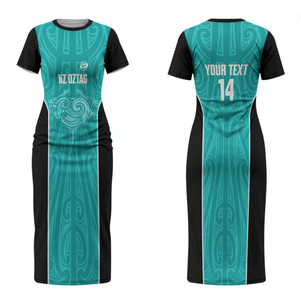 Custom New Zealand Stingray Oztag Couples Matching Short Sleeve Bodycon Dress and Long Sleeve Button Shirt Tag Rugby Maori Pattern Teal Version