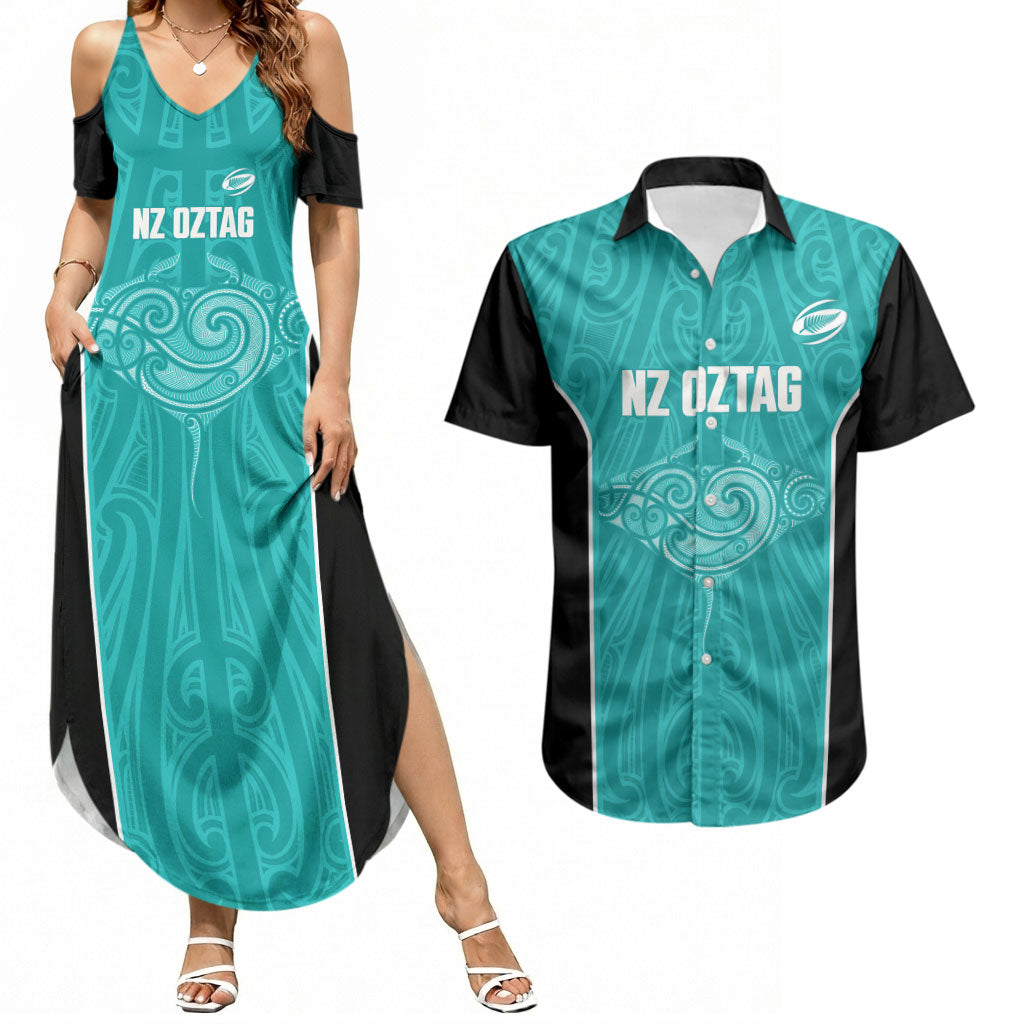 Custom New Zealand Stingray Oztag Couples Matching Summer Maxi Dress and Hawaiian Shirt Tag Rugby Maori Pattern Teal Version